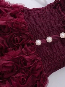 Glamorique Kids Young Girl Solid Color Faux Shirred Cap Sleeve Floral Patchwork Elegant Summer Dress, School, Campus, College Summer Holiday