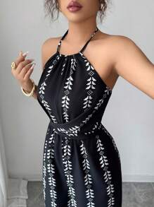 Rafferiza 女士优雅吊带扭纹交叉带松紧腰阔腿无袖连体裤 - 黑色 - 查看 6