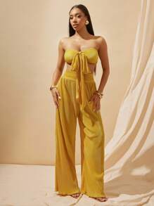 Vixey Solid Pleated Yellow Satin Side Zipper High Waist Wide Leg Pants - Yellow - View 2