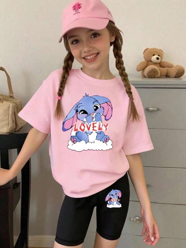 Teenage Girls' Casual Fashionable Creative Cartoon Cute Blue Rabbit Letter Slogan Graphic Print Short Sleeve T-Shirt & Cycling Shorts 2-Piece Set