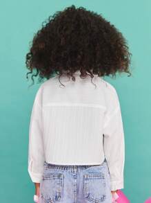 SHEIN قميص قصير أكمام طويلة بياقة منعطفة، بسيط مريح للفتيات الشابات - أبيض - مشاهدة 2