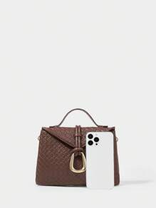 SHECARRY 女士时尚金属装饰手提包，适合日常使用 - 咖啡 - 查看 4