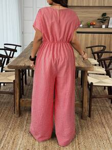 Breezaya Plus Size Casual Checked Batwing Jumpsuit - Red - View 2