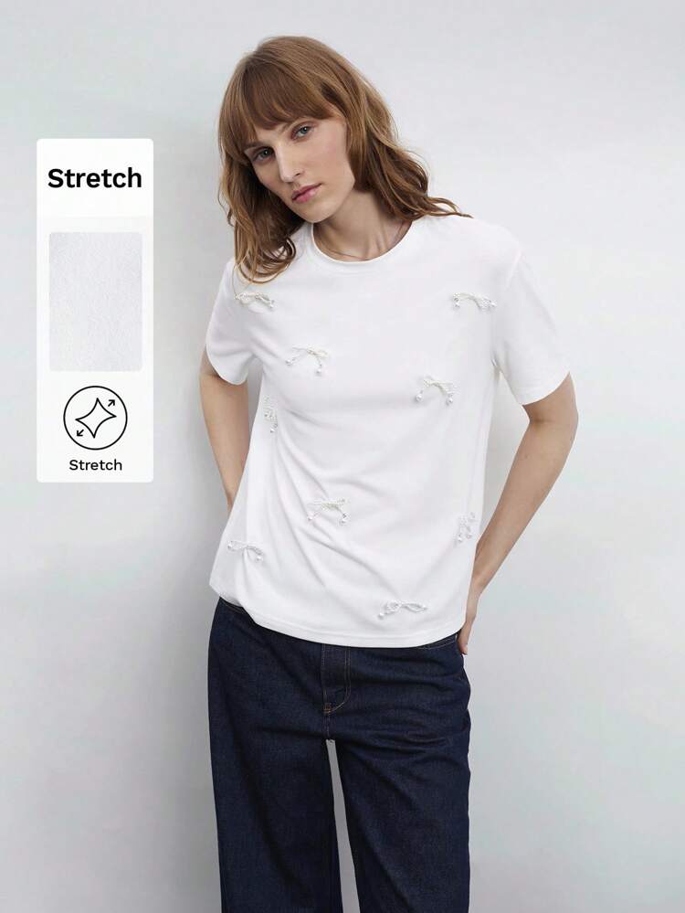 SHEIN Maija Women's White Summer Casual Loose Pearl & Bow Decor Round Neck Short Sleeve T-Shirt, Fashion Commuter Daily Wear
