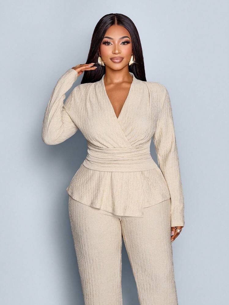 女士加大码杏色优雅 V 领长袖 T 恤和阔腿裤两件套，不对称下摆两件套服装，休闲日常穿着 - 杏色 - 查看 5