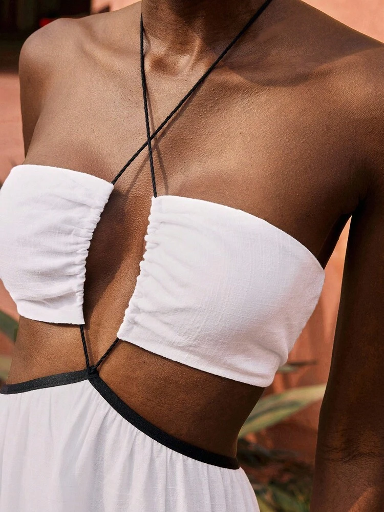 SHEIN Maija White Oversized A-Line Hollow Out Tied Neck Long Dress, Women's Casual Resort Holiday