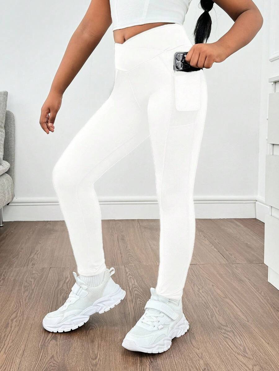 SHEIN Tween Girl White Summer Athletic Workout Yoga Phone Pocket Leggings,Casual Sporty Mesh Inset Skinny Fitted High Elastic Opaque Knit Bottoms For School - White - View 1