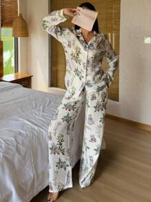 DAZY 猫咪与花卉印花全印花女士睡衣套装，秋冬服装 - 白色 - 查看 8