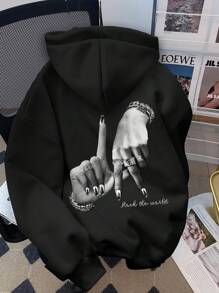 SHEIN Áo sweatshirt dài tay dáng rộng, in họa tiết đen trắng, thích hợp cho tuổi teen, phù hợp mùa thu/đông. - màu đen - Xem 3