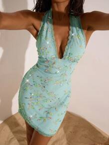 Opulessa 女士平纹梭织挂脖迷你连衣裙 - 綠色 - 查看 6