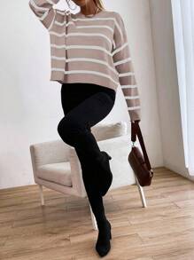 Chiquease Striped Pattern Drop Shoulder Sweater,Long Sleeve Tops Knit Pullover Fall Winter Outfit - Multicolor - View 3