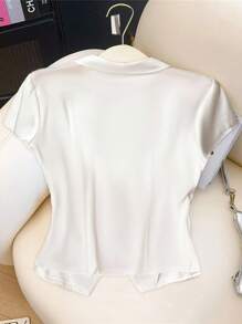 GlowEve Áo sơ mi satin nhún eo màu trơn thanh lịch dành cho nữ, mùa hè - trắng - Xem 2