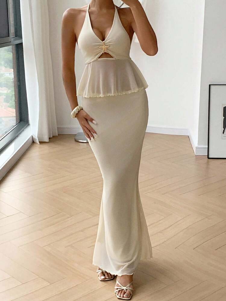 Women's Sexy Starfish Decor Hollow Design Halter Neck Top And Fish Tail Bodycon Skirt Set