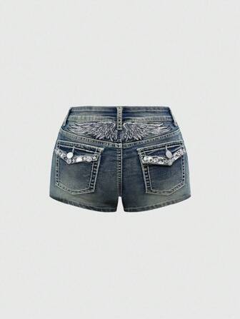 Grunge Punk Y2K Rhinestone Embroidered Low-Waist Shorts With Wings Decor