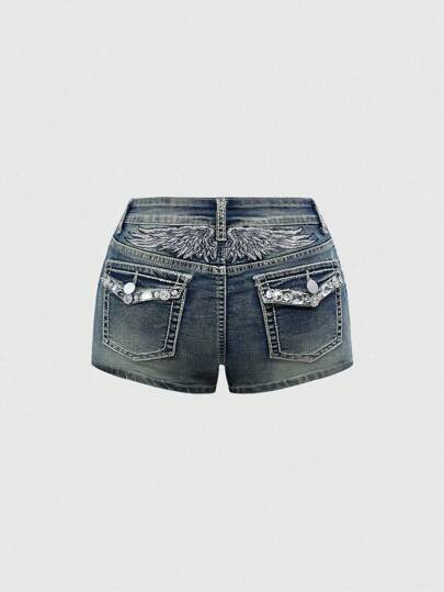 Grunge Punk Y2K Rhinestone Embroidered Low-Waist Shorts With Wings Decor
