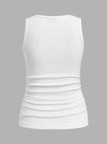 SHEIN LUNE 2pcs Women's Round Neck Tight Ribbed High Elasticity Waist Ruched Camisole, Suitable For Summer Ribbed Tank Top Back To School - Multicolor - View 7