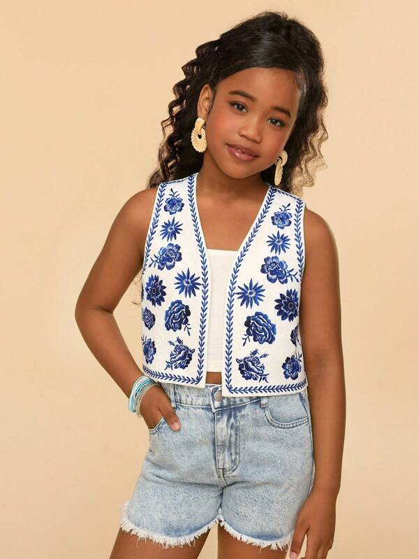 SHEIN Camiseta de tirantes con estampado floral y parte delantera abierta para niña preadolescente