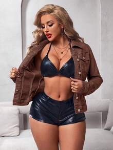 SHEIN SXY Casual Retro Solid Color Waisted Fitted Denim Jacket Brown Denim Jacket Women - Coffee Brown - View 8