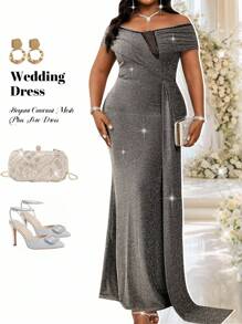 Fleurora Plus Size Elegant Contrast Mesh Off Shoulder Wedding Guest Formal Dress - Black - View 1
