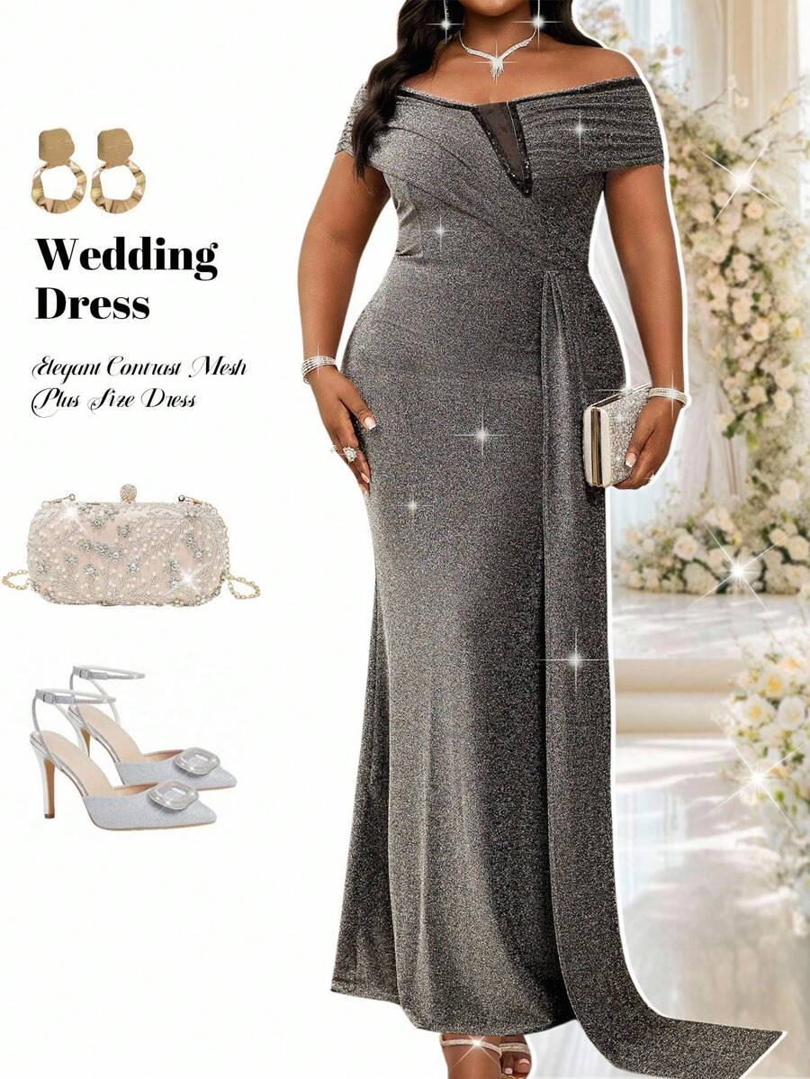 Fleurora Plus Size Elegant Contrast Mesh Off Shoulder Wedding Guest Formal Dress - Black - View 1