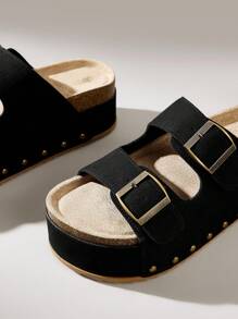 Solecia 女士春夏新款舒适增高搭扣平底半拖圆头厚底露趾休闲百搭度假风黑色凉鞋户外沙滩女鞋 - 黑色 - 查看 5