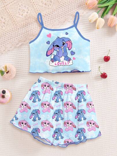 Cute Blue Rabbit Lulu & Stitch Graphic, Fresh Sky Blue Tie-Dye, Young Girls Casual Simple Camisole Top And Shorts Pajama Set, Suitable For Summer, Easy Comfort, Casual Wear, Kids Graphic Clothes, Back To School Girls Pajamas Girls Pajama Set Baby Girl Clothes Kids Pajamas Toddler Girl Clothes