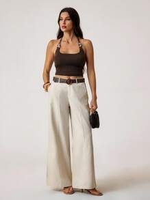 SHEIN Tall Women's Plain Solid Color Casual Pants - Khaki - View 1