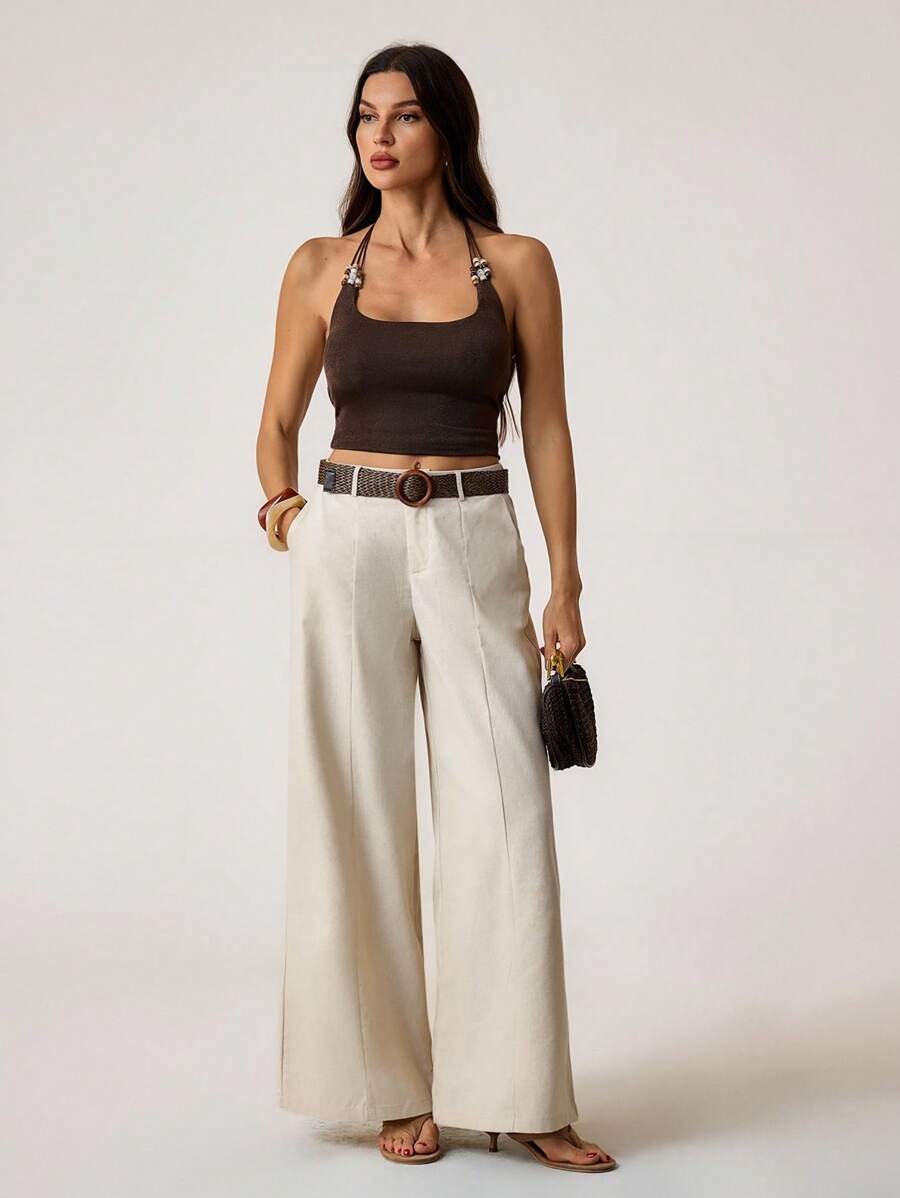 SHEIN Tall Women's Plain Solid Color Casual Pants - Khaki - View 1