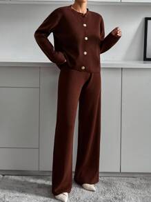 EURMUSE Women Button Front Cardigan And Sweater Pant 2pcs Set Co-Ords Two Pieces Set,Petite,Winter Clothes - Brown - View 7
