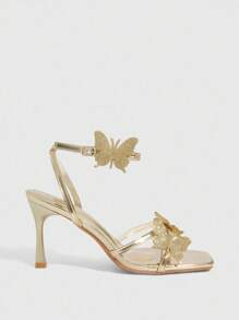 CUCCOO SZL Women's High Heel Sandals With Butterfly Element, Multi-Strap Crisscross Design, Square Toe, Stiletto Heel, Ankle Strap, Light Gold PU Metallic Material, Sexy High Heel Sandals For Christmas - Gold - View 3