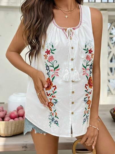 SHEIN BOHO Women's Casual Solid Color Woven Embroidered Sleeveless Loose Tank Top, Maternity Camisole & Strap Top Old Money Streetwear Women Going Out Vacation Summer Blouses Sleeveless Women Tops  Fall Women Clothes Cute Tops