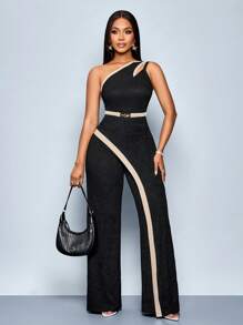 SOLERSUN Women's Color Block Asymmetrical Neck Cutout Spliced Metal Decorated Sleeveless Straight Jumpsuit - Black - View 5