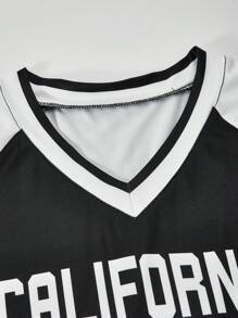 SHEIN 青少年女孩休闲数字和字母印花长袖上衣和实用侧袋抽绳裤两件套春秋季服装 - 黑色 - 查看 9