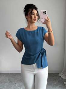 Rafferiza 休闲通勤百搭度假简约宽松圆领蝙蝠短袖不对称下摆设计柔软质感材质蓝色女衬衫夏季上衣女夏装夏季衬衫夏装女优雅上衣