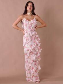 Enchnt Fall/Summer Romantic Women's White&Pastel Pink Rose Print Spaghetti Straps Ruffle Hem Mermaid Maxi Dress - Multicolor - View 5