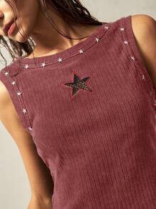 SHEIN BohoFeels Women Plain Knitted Pentagram Crew Neck Fitted T-Shirt - Red - View 3