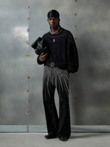 NEON BLANC 男士休闲时尚黑色针织串珠圆领长袖上衣，适合秋冬