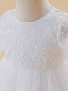 Glamorique Kids Baby Girl Lace Mesh Satin Long Sleeve Dress, White Floral Flower Girl Wedding Party Ball Gown With Big Bow Back, High-End Children's Dress For Birthday, Banquet, Performance Baby Girl White Lace Dress White Dress For Baby Girl