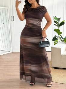 Elaquor Vestido Longo Elegante para Mulheres Grandes com Estampa de Tie Dye e Calda de Sereia, Vestidos Formais para Mulheres