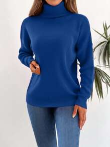 EURMUSE Women's Simple Casual Solid Color High Neck Loose Oversized Sweater,Jumper,Cream Jumper,Jumpers,Black Jumper,Womens Jumper,White Jumper,Women's Jumper,Women's Jumpers,Winter Clothes - Navy Blue - View 4