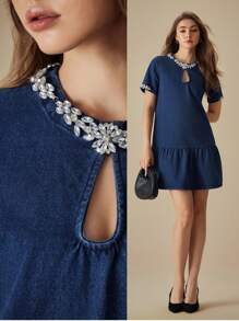 SHEIN LUNE Women's Elegant Diamond Decor Denim Midi Dress, Summer - Blue - View 1