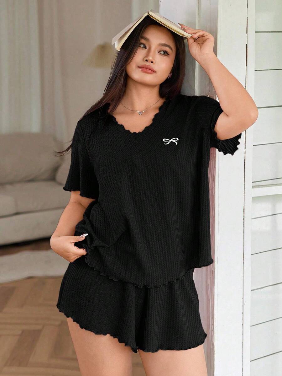 SHEIN Sweet Ruffle Trim Bow Embroidery Casual Sleepwear Pajama Set