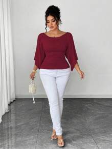 SHEIN Elenzya 大码女式针织高弹力喇叭袖圆领纯色优雅T恤 - 酒紅色 - 查看 3
