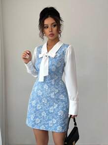 Elenzga Vestido elegante y romántico de 2 en 1 con decoración de lazo y bloques de color para mujer - Azul - Ver 3