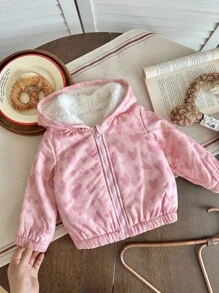 SHEIN 女婴秋冬新款可爱爱心设计保暖连帽外套加厚款 - 粉色 - 查看 6