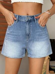 Livesso Pantalones cortos vaqueros azules de tiro alto y desgastados para mujer, nueva llegada, corte evasé, favorecedores para estatura baja, pantalones cortos de verano versátiles y de moda