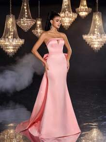 Glamrae Váy ống khoét lưng quá khổ màu hồng san hô thanh lịch và lộng lẫy dành cho quý cô dự tiệc trang trọng - Màu Hồng  San hô - Xem 4