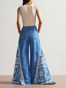 Bohemela Pantalon salopette en jean style patchwork imprimé, style bohème décontracté pour les vacances, pour femmes