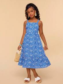 SHEIN Tween Girls Vacation Floral Embroidery Ruffle Hem Spaghetti Strap Dress - Blue - View 6