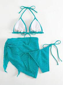 Swim SXY Women's Summer Beach Plain Color Halter Tied Sexy Bikini Set With Cover Up Skirt